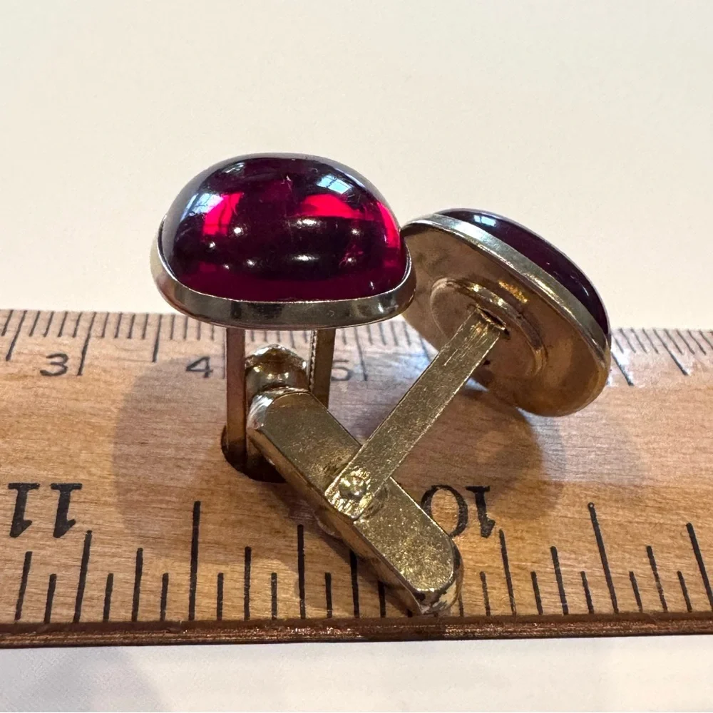 Vintage Red Lucite Cabochon Gold Tone Cufflinks